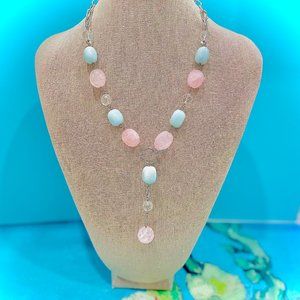 Amazonite, Rose Quartz & Rock Crystal "Y" Necklace w/SS Chain & Toggle Clasp